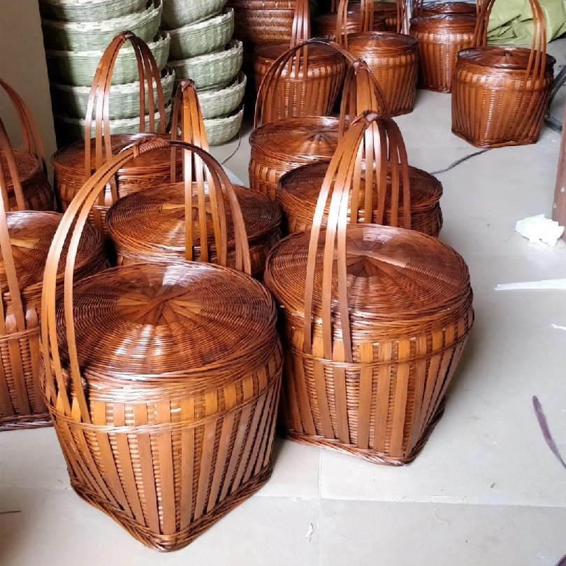 86n竹编手提篮家用圆形带盖鸡蛋筐复古竹篮馒头筐水果篮竹制品批