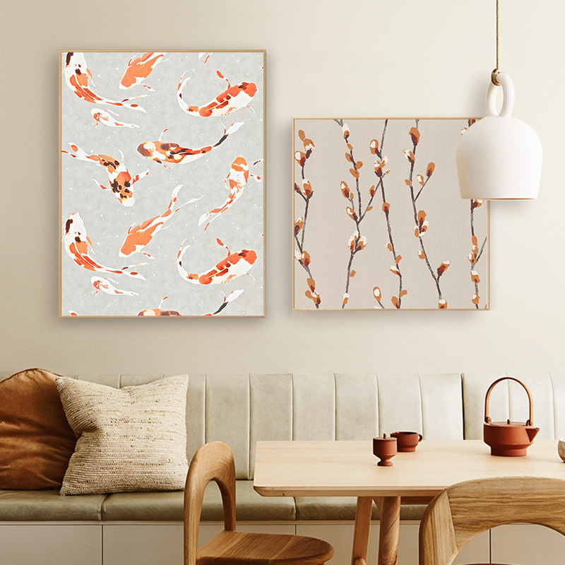 新中式装饰画锦鲤鱼日式挂画茶室餐厅书房壁画客厅走廊过道墙画