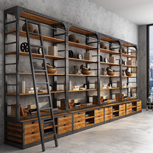LOFT工业风复古美式铁艺书架落地北欧满墙实木书柜客厅置物架