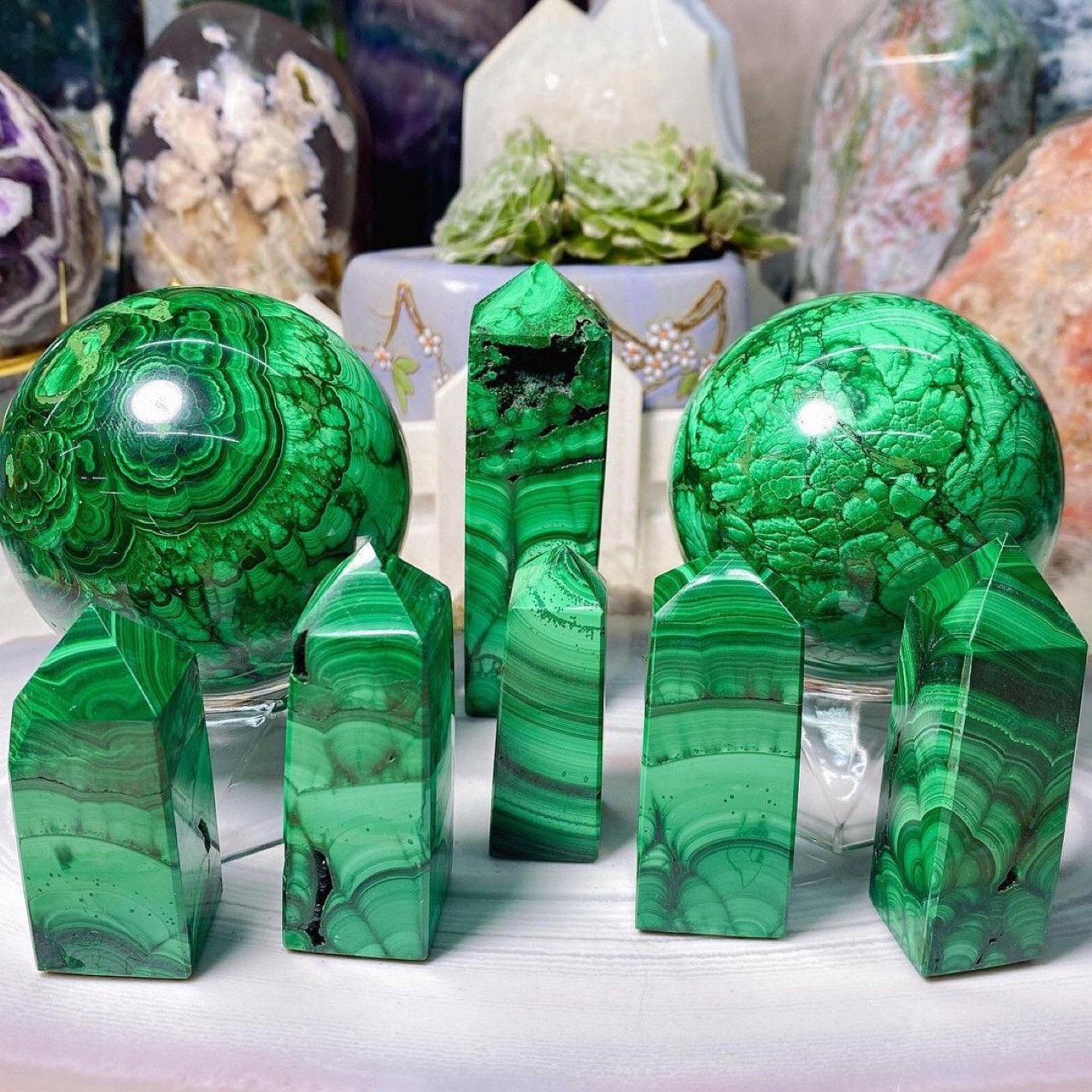 天然水晶孔雀石柱球摆件六角四角硅手串矽凤凰饰品石女绿宝石