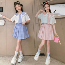 女童夏季双领jk制服裙套装2023新款大儿童洋气学院风百褶裙两件套