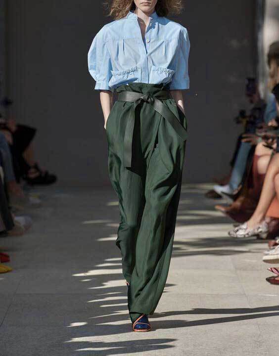 女装成衣批发时装周走秀款衬衣小立领短袖衬衫 墨绿高腰阔腿裤女