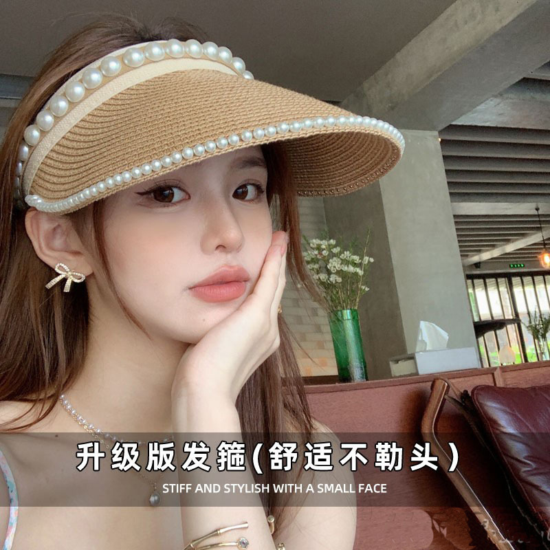 Straw Pearl Sun Hat Headband Empty Top Straw Hat Female Summer Uv Protection Face Sun Protection Sun Hat Female