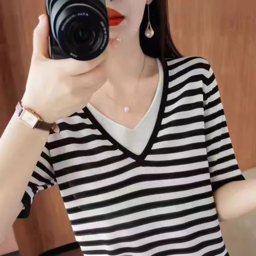 夏季韩版新款假两件条纹针织衫短袖女v领上衣女t恤v领设计打底衫
