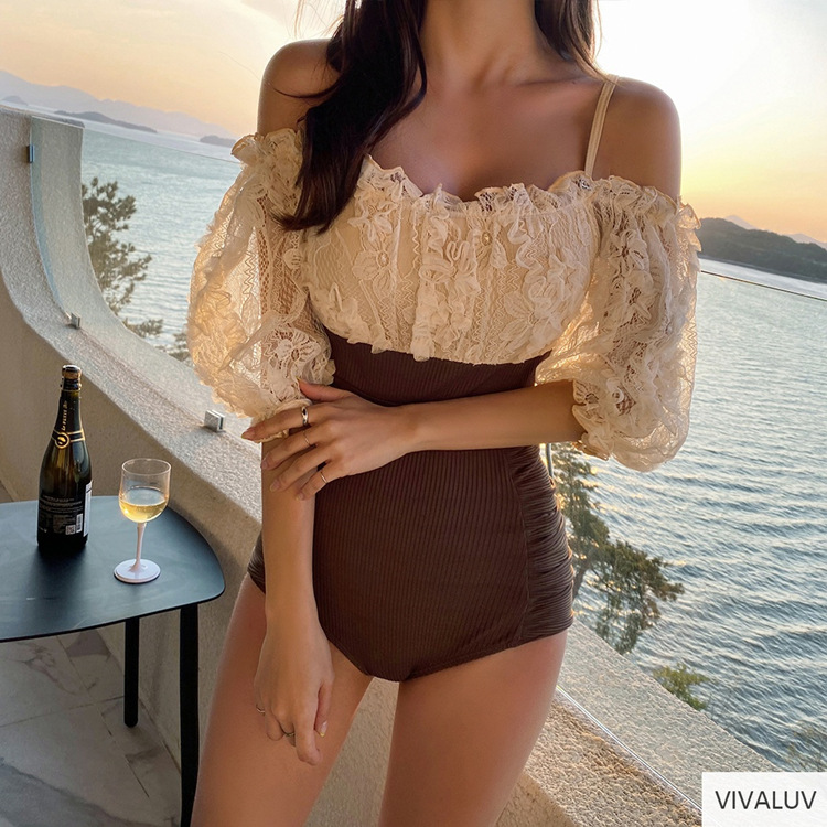 2023 Swimsuit Fairy Style Conservative Small Chest Gather Thin and Cover Your Belly Lace Sexy Spa One-Piece Skirt Swimsuit for Women