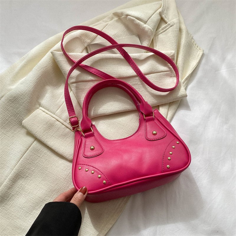 Retro Solid Color New Moon Bag Underarm Bag Rivet Crescent Fashion All-Match Portable Shoulder Messenger Bag for Women