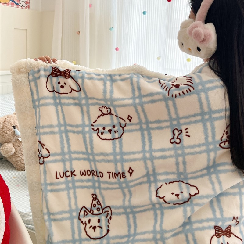 软萌萌_少女心蓝格手绘小狗毛毯午休毯盖毯秋冬羊羔绒珊瑚绒卧室