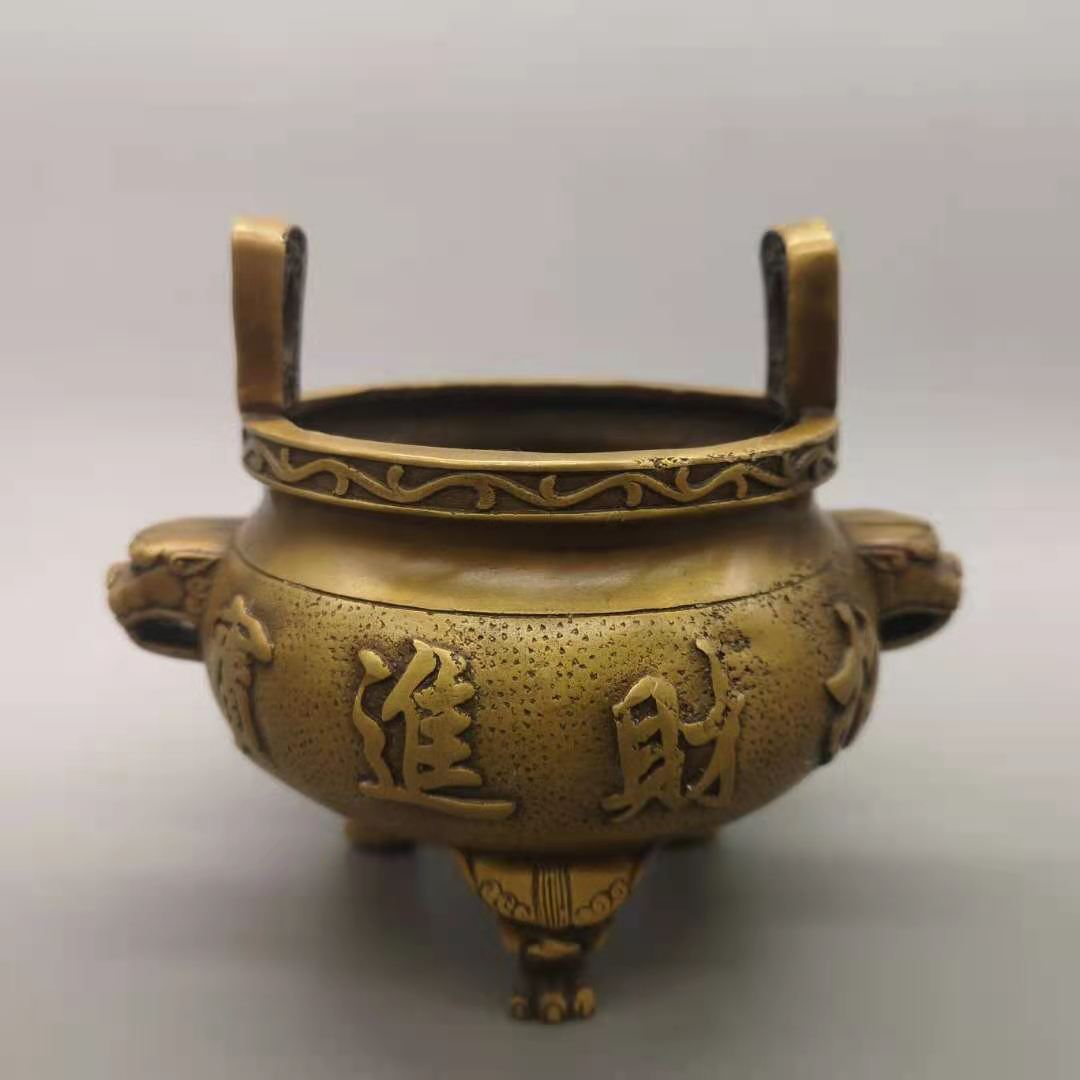 古玩收藏做旧铜器工艺品黄铜双耳香炉铜炉家居装饰品乾隆年制