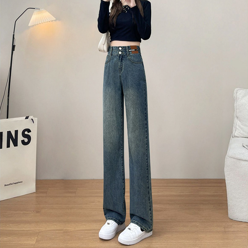 Retro Double Breasted Jeans for Women 2023 Autumn and Winter New Straight Loose High Waist Slimming Mopping Floor Denim Pants