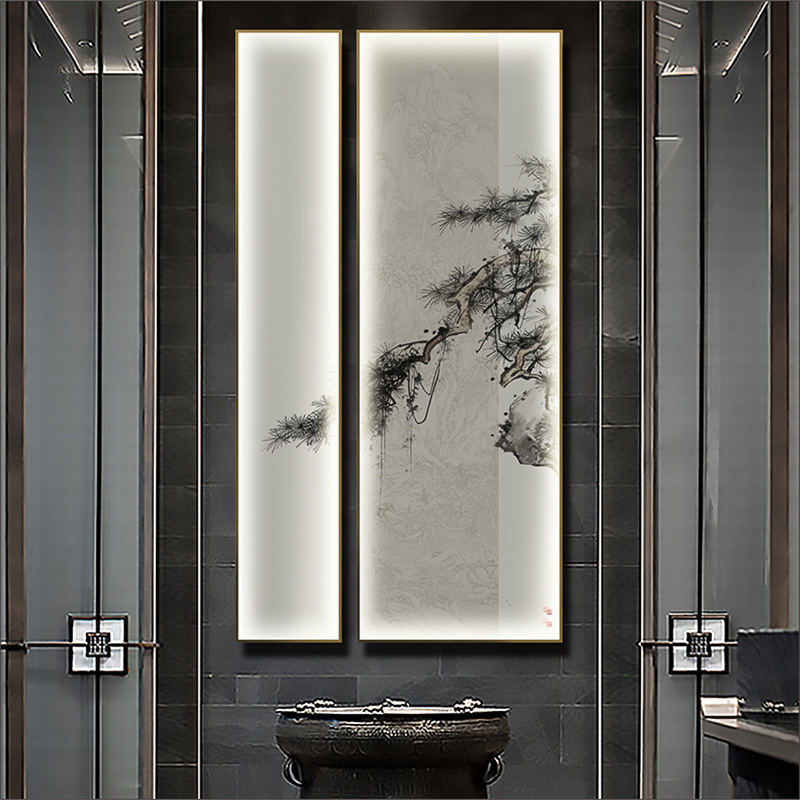 批发新中式玄关装饰画走廊过道楼梯间松竹图组合画风灯光禅意挂画