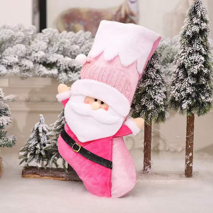 Christmas Decoration Three-Dimensional Old Snowman Doll Raise Your Hand Christmas Stockings White Edge Pink Candy Bag Gift Gift Bag