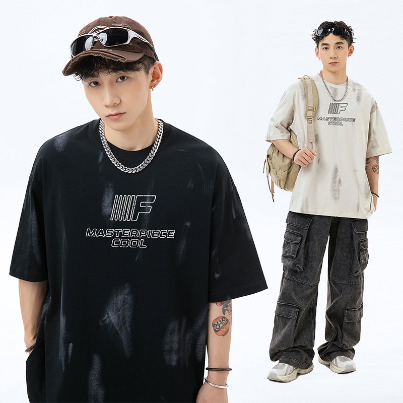 韩路男装 复古做旧印花t恤男夏季款美式休闲纯棉宽松情侣短袖体恤