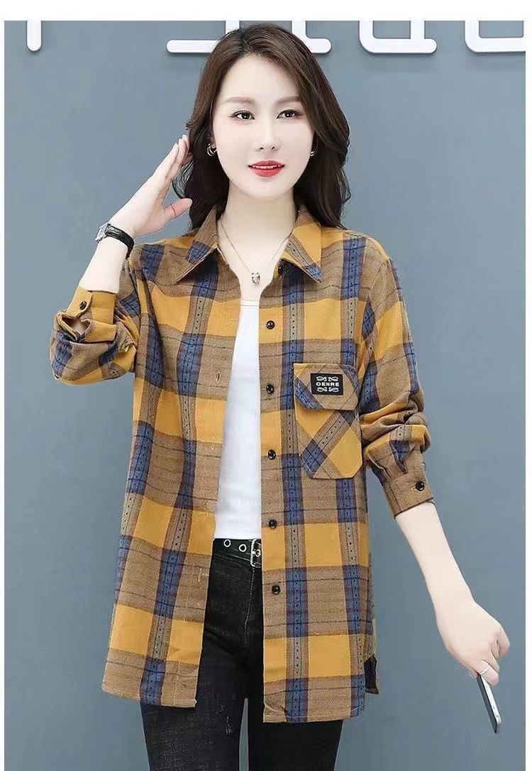 Spring and Autumn Mom Wear High-End Elegant Middle-Aged Plaid Shirt 50 Middle-Aged and Elderly Women Large Size Western Style Belly-Covering Long Sleeve Shirt
