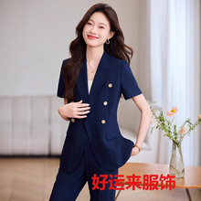 新款高端双排扣职业装女套装正装酒店前台工作服短袖夏季西装跨境