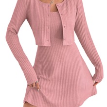 跨境外贸秋季新款针织套装两件套高级感 粉色针织开衫女休闲套装