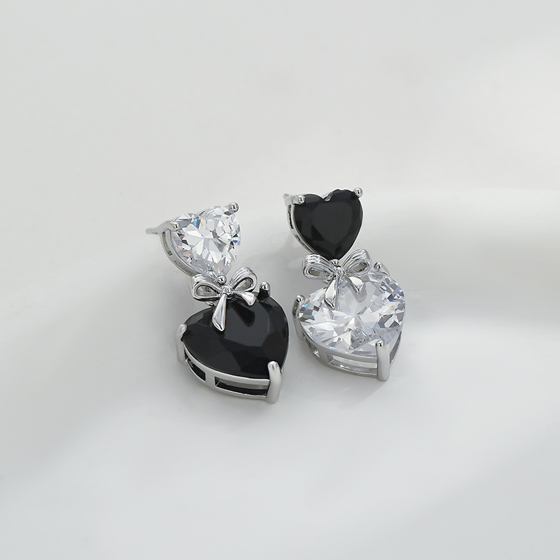 2023 New Micro Inlaid Zircon Elegant Stud Earrings Women's High-Grade Bow Earrings Light Extravagant Love Heart Pendant Earrings