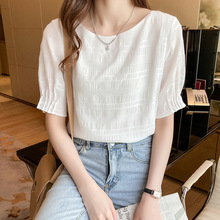 超仙雪纺衫女夏短袖气质T恤时尚甜美洋气小衫白色上衣短款设计感