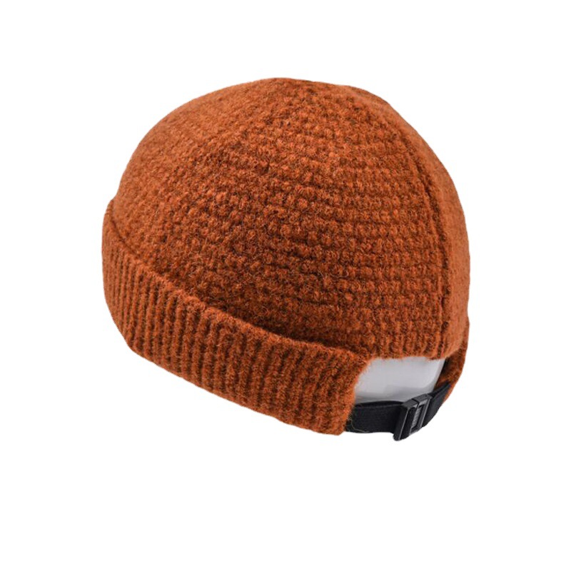 Cross-Border Skullcap Monochrome Woolen Cap Men's and Women's Knitted Hat Curling Adjustable Buckle Fashion Adult Thermal Head Cover Hat