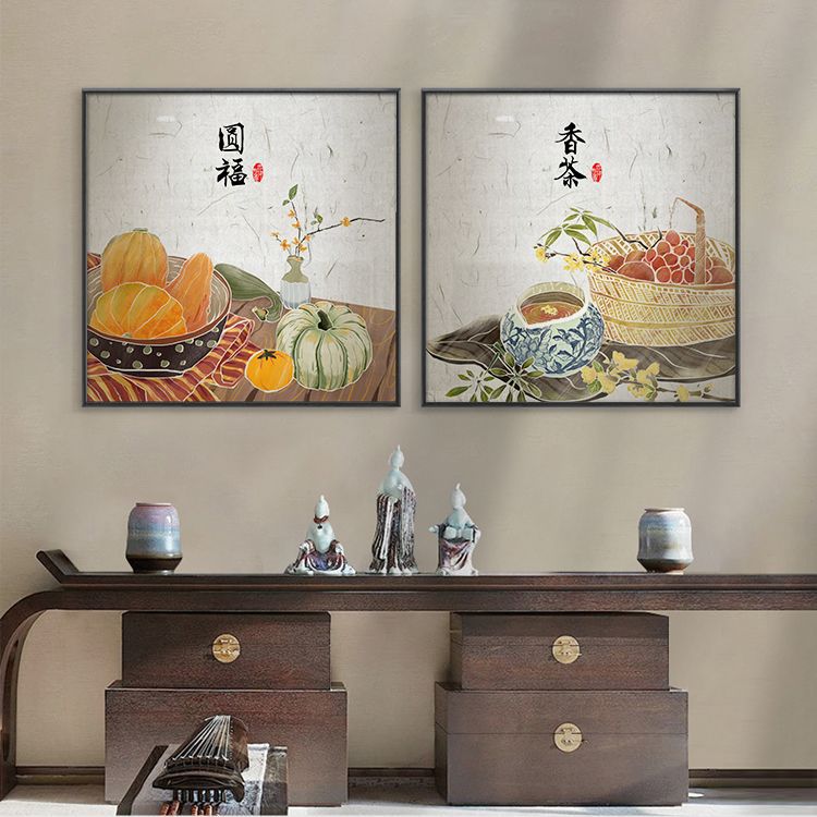 新中式餐厅单幅装饰画横幅饭厅背景餐桌农家乐墙面饭店中国风墙画