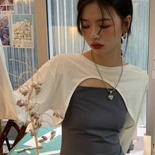 跨境 性感冰丝罗纹小众设计感长袖防晒衣女韩版宽松T恤夏新款上衣