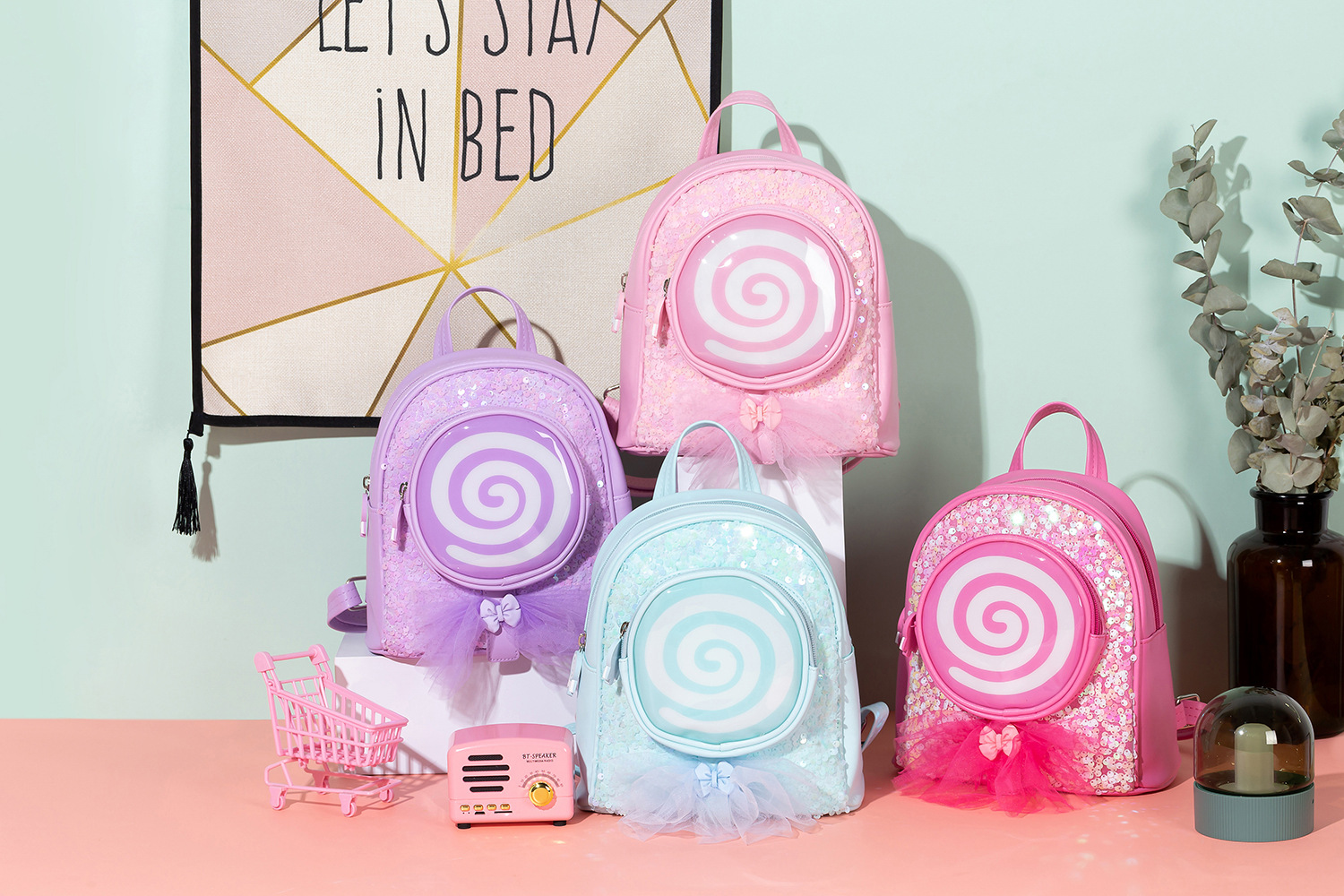 新款幼儿园儿童书包女孩街拍led亮片背包可爱棒棒糖卡通双肩包