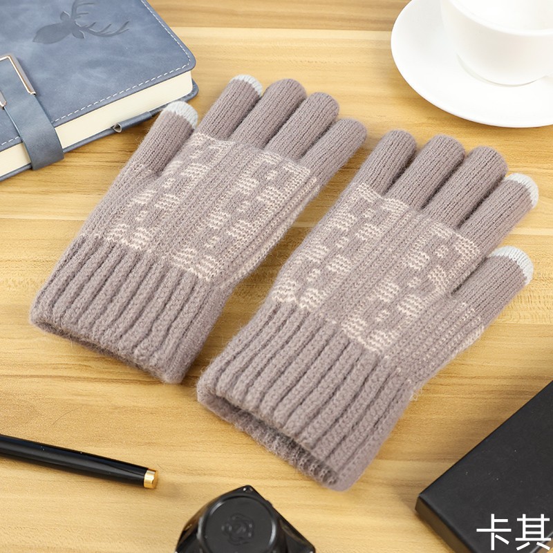 Cross-Border Gloves Men's Winter Finger Knitted Touch Screen Velvet Cold Protection Warm Cycling Cycling Student Gloves Wholesale