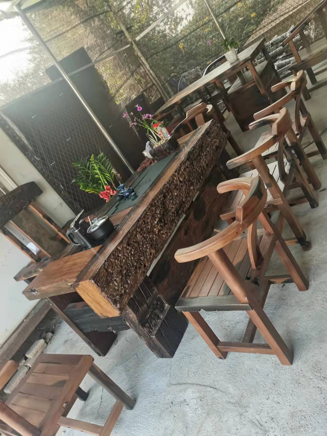 订购老船木茶桌椅机枕木功夫茶木仿古组合台客厅办公室龙骨大茶桌