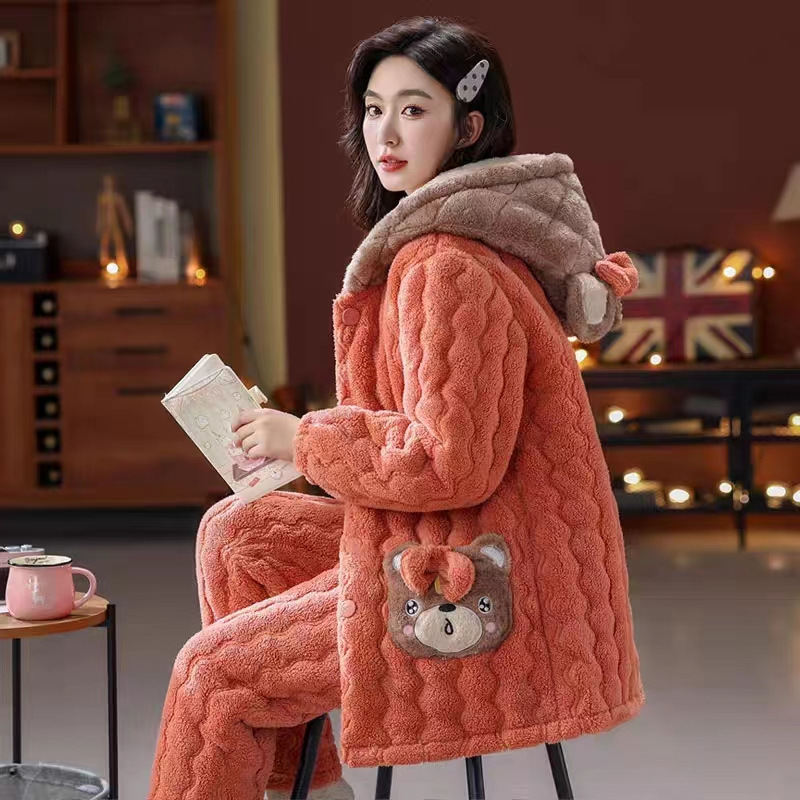 睡衣女冬季夹棉三层加厚保暖棉袄口袋可爱外穿家居服套装-lf熙