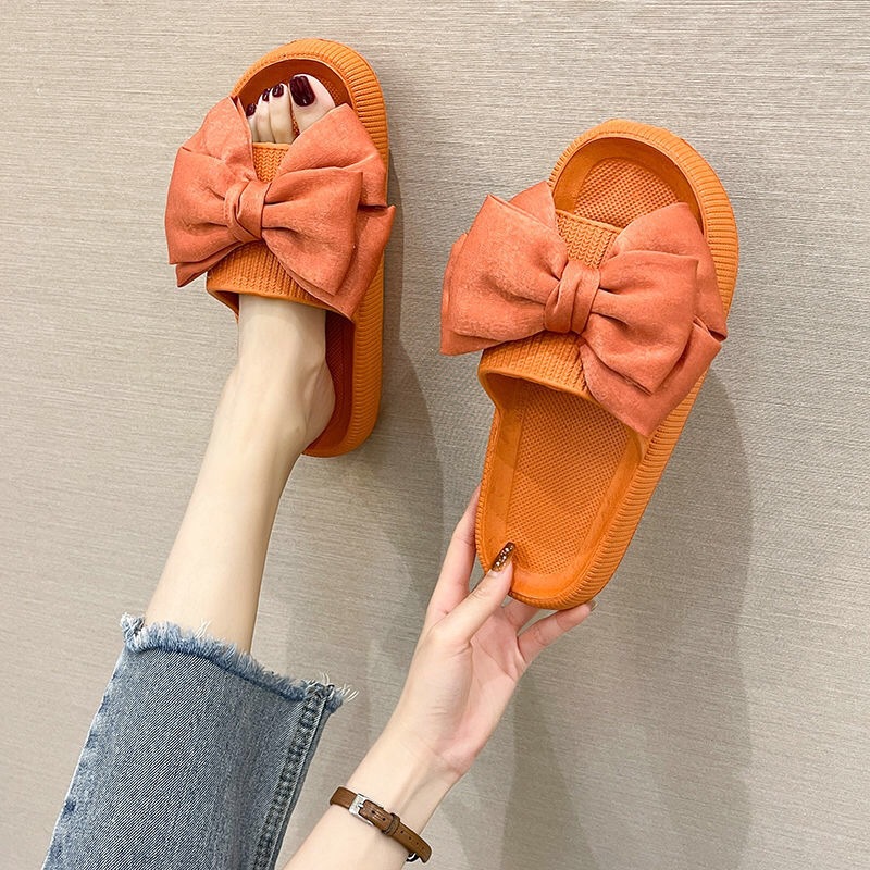 Wholesale Cute Bowknot Slippers Women's Summer Outdoor Wear Thick Bottom Bath Indoor Eva Home One-Word Sandals Beach Shoes