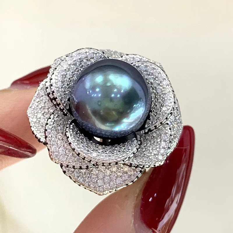 复古小香风山茶花 天然大溪地孔雀蓝珍珠戒指 12-13mm 送礼自留款