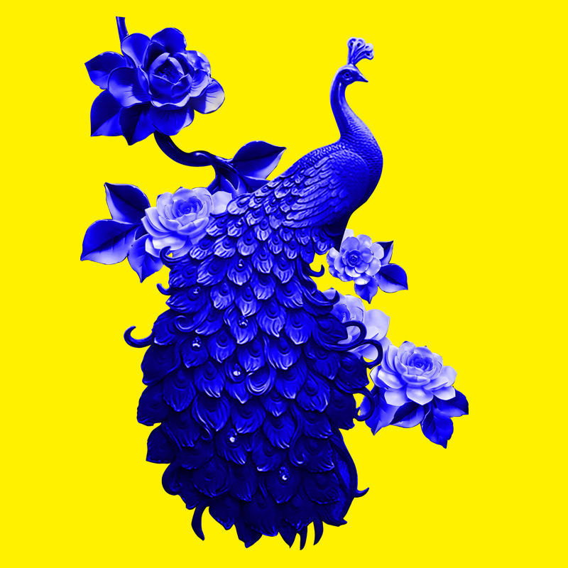 现货四月七维旺运如意黄色单孔雀服饰床品热转印烫图画帖图