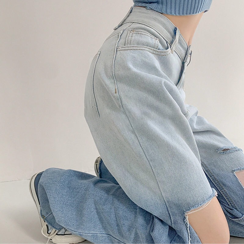 European and American Ripped Gradient Straight Jeans Women's High Waist Loose Drooping Retro Beggar Wide Leg Pants Fashion