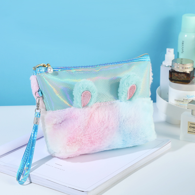 Korean Cute Rabbit Ear Plush Cosmetic Bag Cross-Border Fashion Colorful PU Leather Wash Bag New Arrival Girlish Style Storage Bag