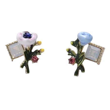 French Retro Asymmetric Enamel Flower Stud Earrings Artistic Sense Painted Berry Earrings Flowers Zircon Sweet Earrings