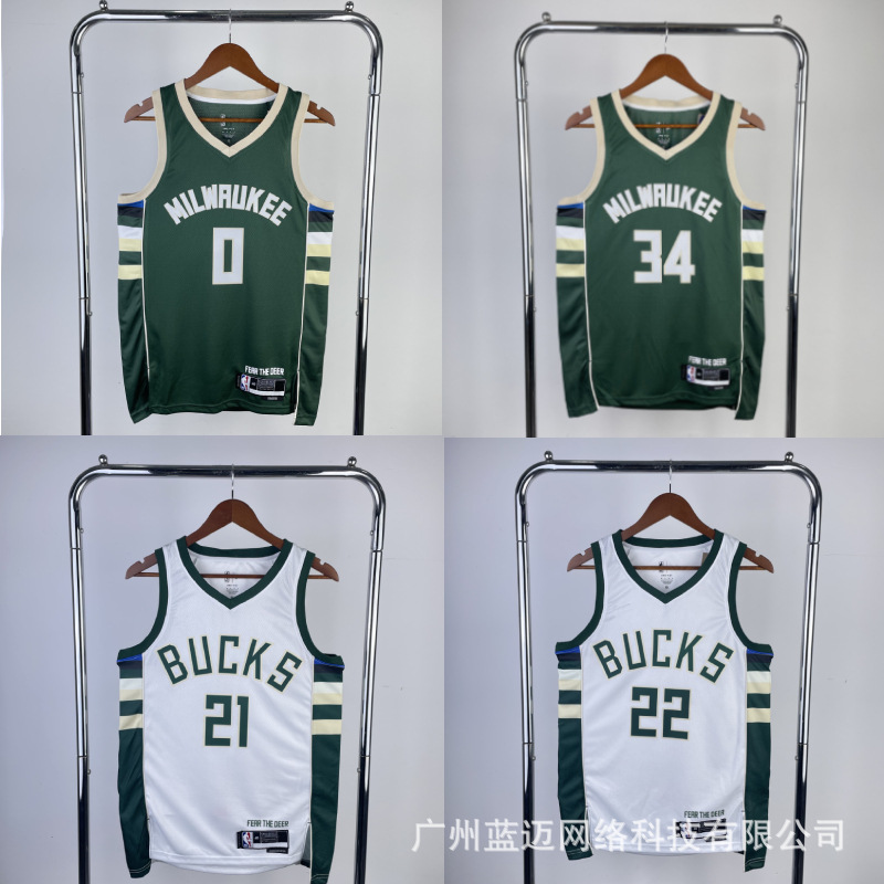 雄鹿队字母哥主场白色利拉德客场绿色米德尔顿 霍乐迪nba热压球衣