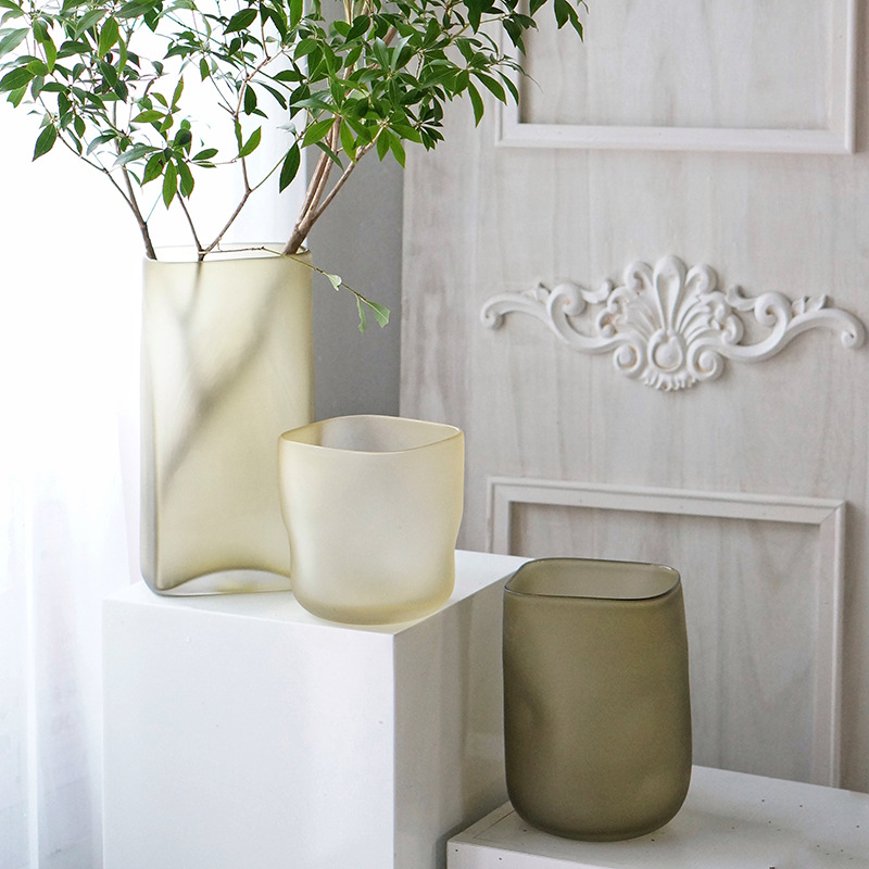 New Modern Simple Sandblasting Square Mouth Glass Vase Hydroponic Flower Arrangement Vase Crafts Home Decoration