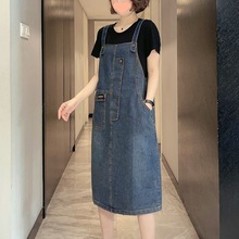 UNMUN韩版休闲时尚大码假两件牛仔连衣裙女2023夏季新款遮肚背带