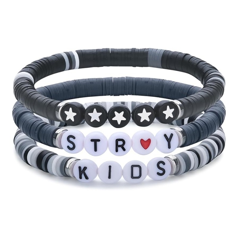 亚马逊跨境新品黑白灰颜色软陶亚克力字母男女弹力手链套装