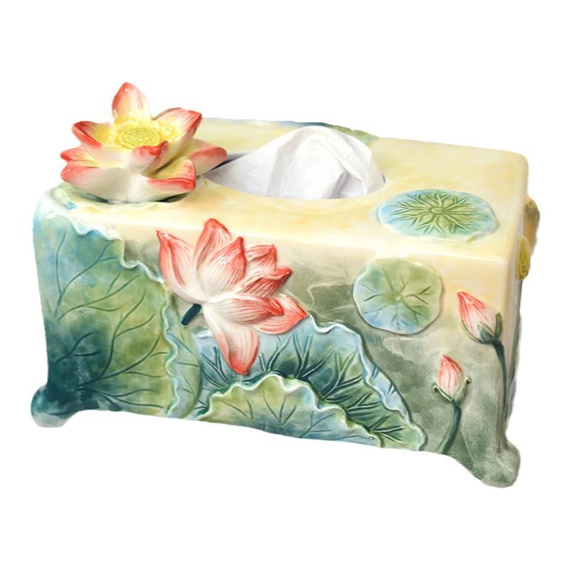 New Chinese Style Living Room Home Multi-Functional Lotus Napkin Box Coffee Table Top Paper Extraction Box Ceramic New Home Gift