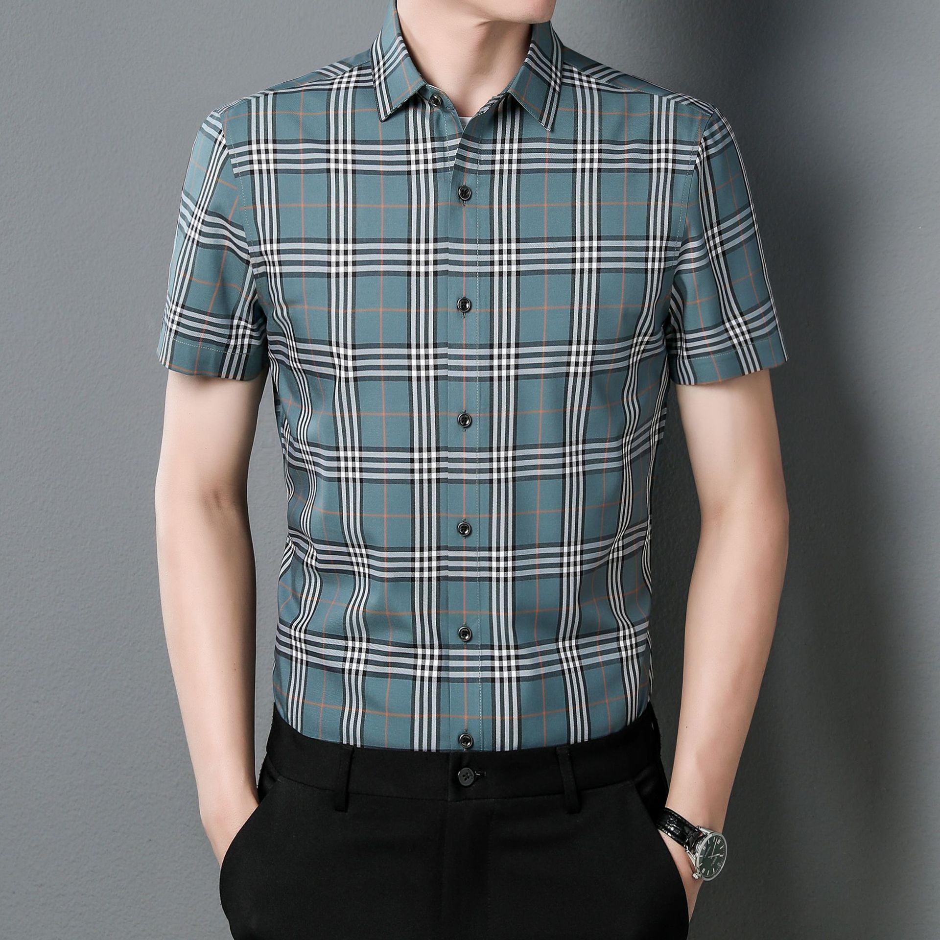 2022夏季男士短袖衬衫格子薄款商务休闲半袖衬衣新款潮流男装上衣