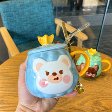 ins韩式可爱卡通早餐创意水杯子少女学生陶瓷杯带盖勺吸管马克杯
