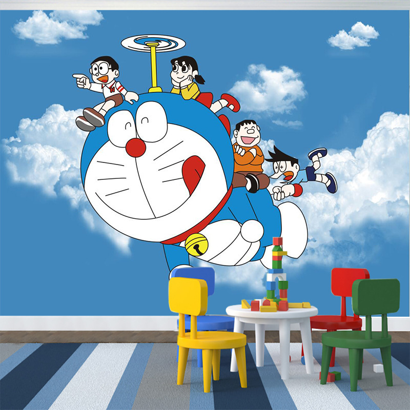 卡通哆啦a梦墙纸游乐场幼儿园早教中心淘气堡壁画儿童房卧室墙布