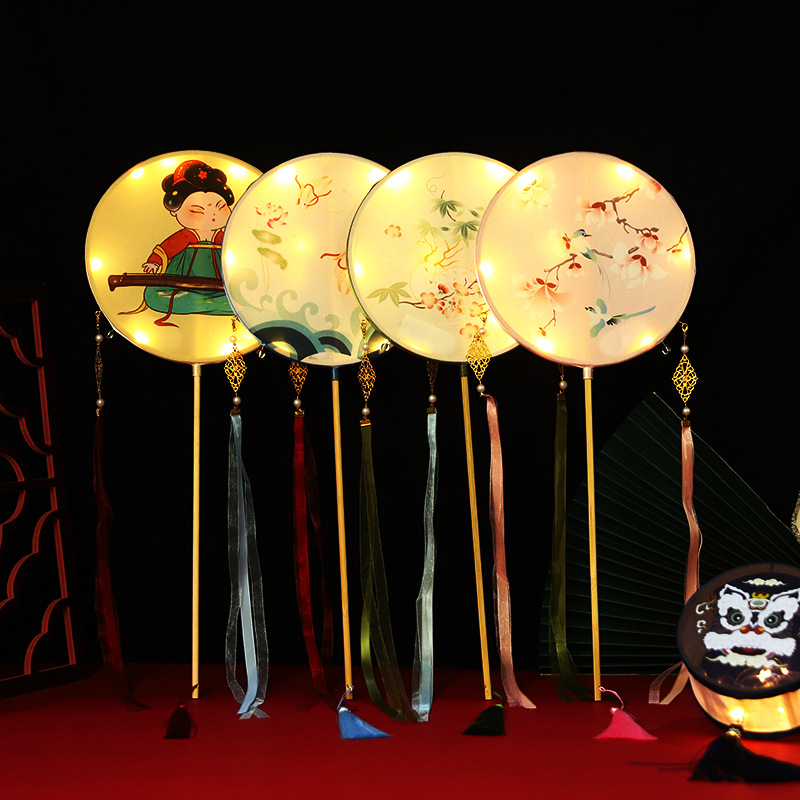 厂家直销花灯元宵灯 汉服古风团扇 带灯双面宫扇拍照道具手工扇子