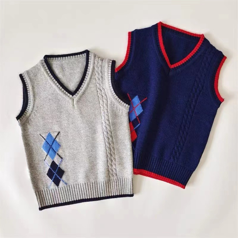 儿童羊绒背心男童针织马甲新款男孩套头羊毛衫菱形打底衫百搭坎肩