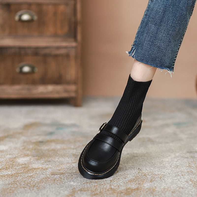 弹力袜靴女2021秋冬新款jk学院风小皮鞋黑色圆头洛丽塔连袜单鞋女