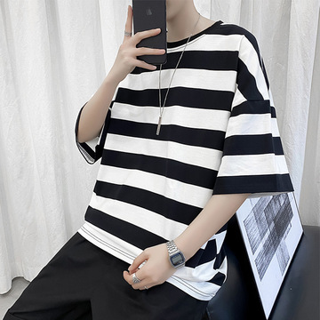 夏季条纹5分短袖t恤男百搭韩版潮流帅气学生港风宽松五分袖潮直营