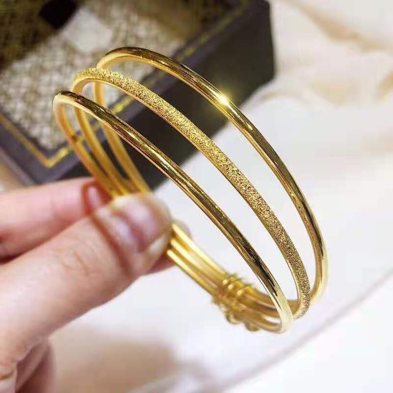 999足金三生三世镯子24k3d硬金三圈细光圈结婚手环黄金手镯