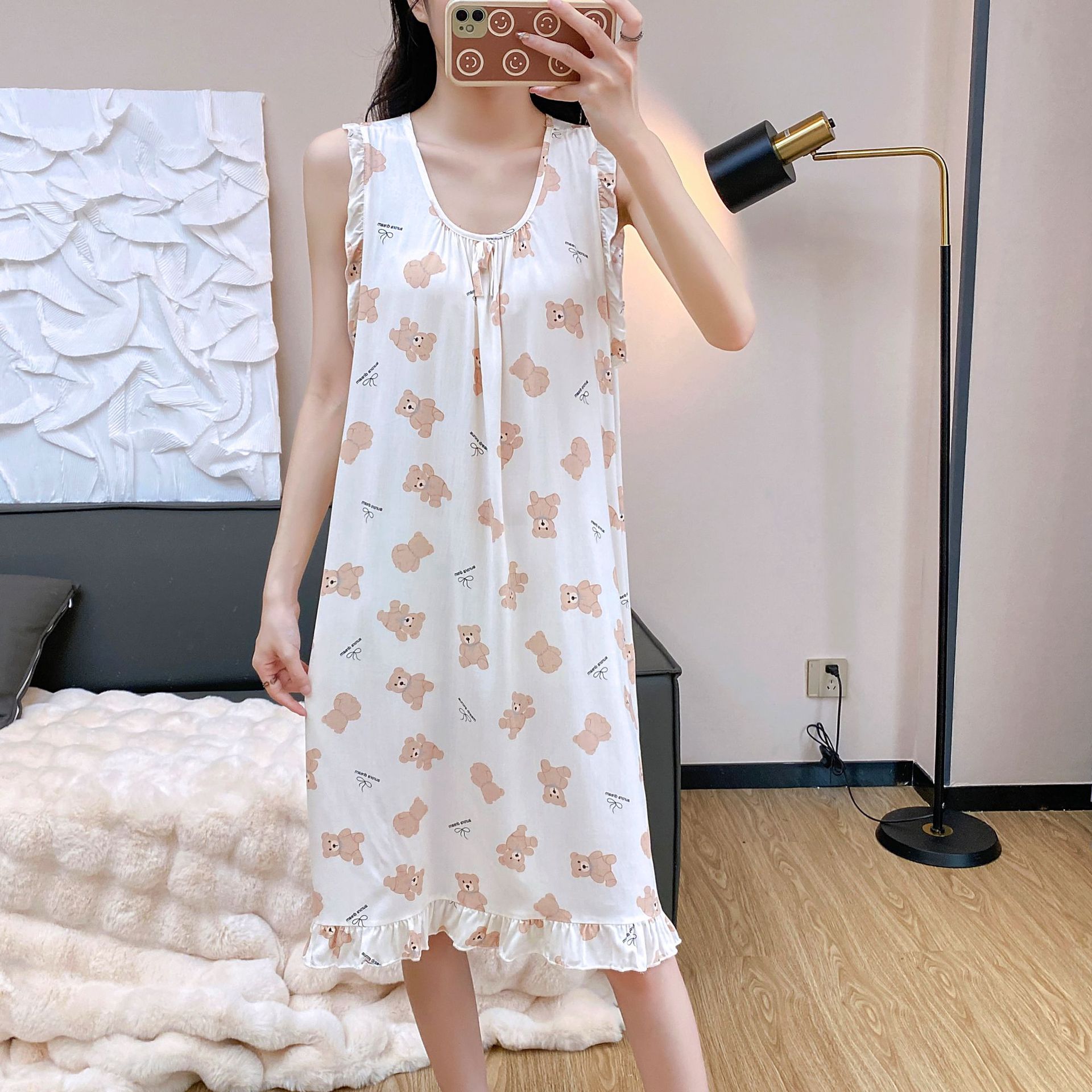 睡裙连衣裙棉绸夏季薄款绵绸人造棉宽松睡衣新款家居服无袖荷叶边