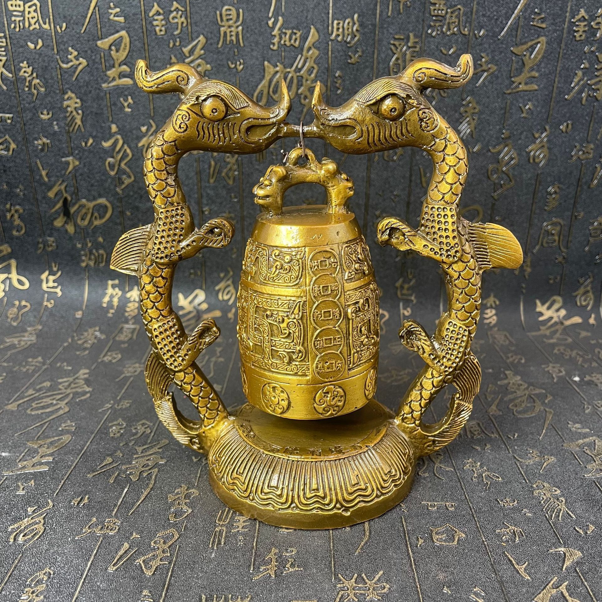 工艺品厂家批发仿古金色双龙钟书房合金撞钟工艺品家居摆件杂项