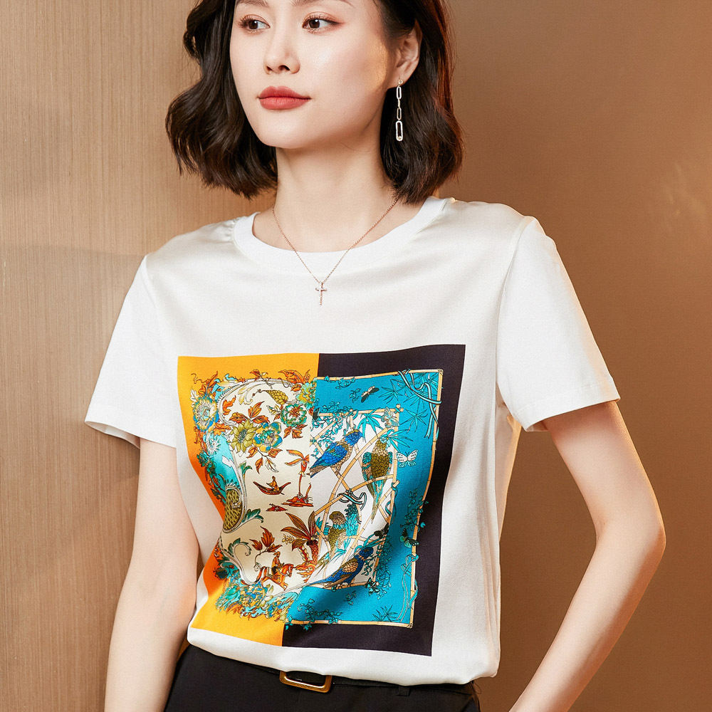 Silk-like Satin Short Sleeve 2023 Summer New Printed Mulberry Silk Korean Style AB Surface Loose Top T-shirt Women